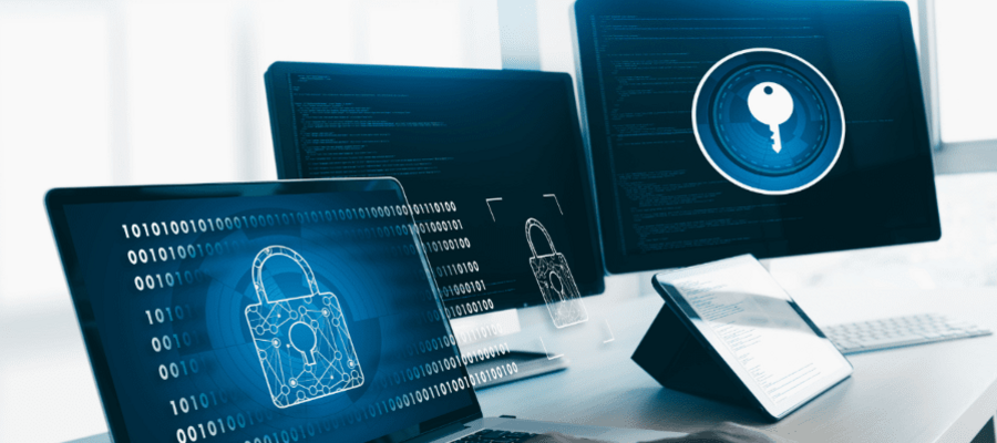 Cybersecurity logos on laptops