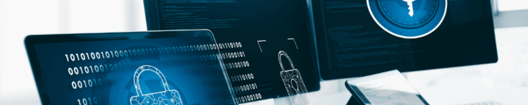 Cybersecurity logos on laptops